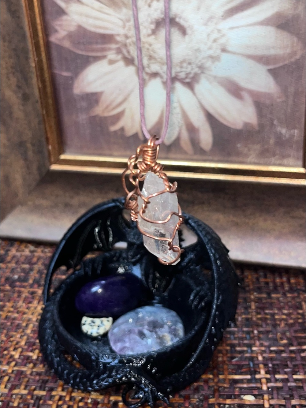 Handwrapped Rainbow Crystal Pendant Necklace in Rose Gold Wire - Women Jewelry